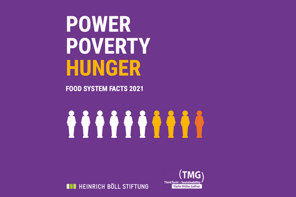 A purple infographic highlights power, poverty, and hunger with figures and text from a 2021 food system report.