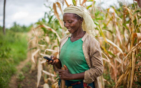 A smiling woman in a green shirt uses her phone while standing in a cornfield.