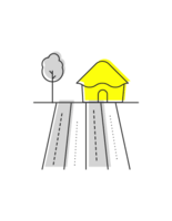 Eine stilisierte schwarze Fabrik mit gelbem Hausdach symbolisiert Mechanisierung.