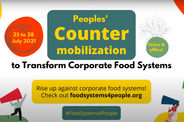 Ein buntes Plakat bewirbt die People's Counter Mobilization zur Transformation von Lebensmittelsystemen im Juli 2021.