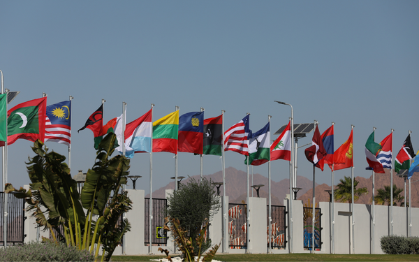 Mehrere Nationalflaggen wehen bei sonnigem Wetter vor dem Veranstaltungsort der UNFCCC COP27 im Wind.