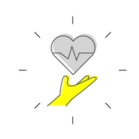 A yellow hand reaches upwards towards a floating black heart, symbolizing collaboration and connection.