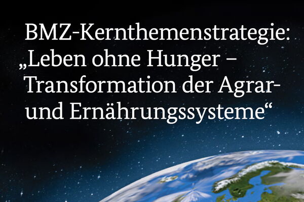 Text der BMZ-Kernthemenstrategie zu globaler Agrartransformation über einem Bild der Erde im Weltraum.