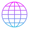 Ein stilisiertes, neonfarbenes Globus-Icon mit rosa und blauen Linien auf schwarzem Hintergrund.