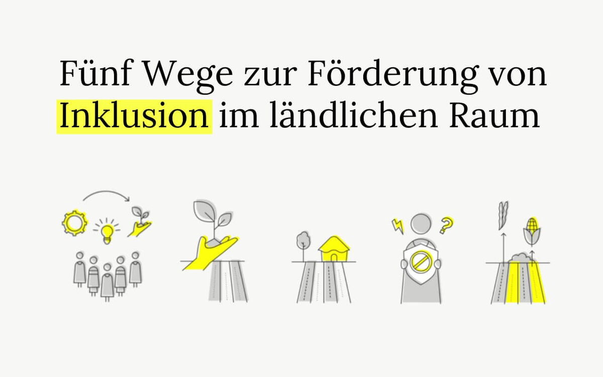 Illustration zeigt fünf Symbole zur Förderung von Inklusion im ländlichen Raum mit Fokus auf Landwirtschaft.