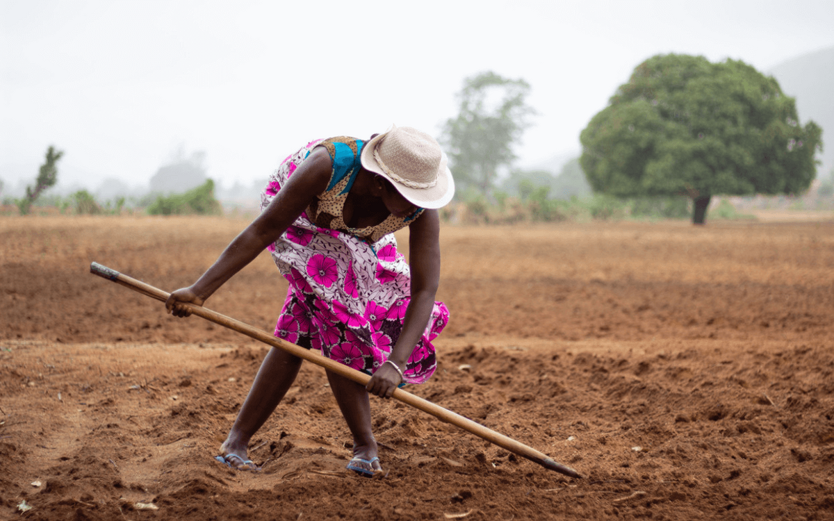 Eine Frau in einem bunten Kleid und Hut bearbeitet mit einer Hacke einen Acker auf dem Land.