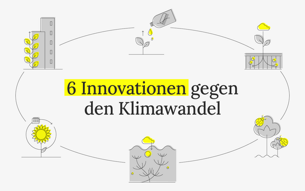 Das Bild zeigt Symbole für sechs Innovationen gegen den Klimawandel, umgeben von nachhaltigen Elementen wie Pflanzen.