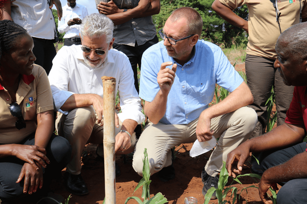 Eine Gruppe von Menschen diskutiert auf einem Feld in Sambia über landwirtschaftliche Techniken.