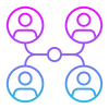 Ein stilisiertes Netzwerk-Icon zeigt vier miteinander verbundene Personen in einem violett-blauen Farbverlauf.