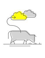 A pixelated cow emits a yellow cloud with an arrow, symbolizing climate impact on the ground.