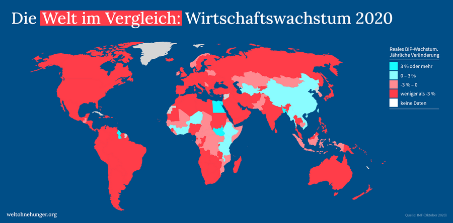 Weltkarte zeigt das globale Wirtschaftswachstum 2020 mit farbcodierten Regionen basierend auf dem BIP-Wachstum.