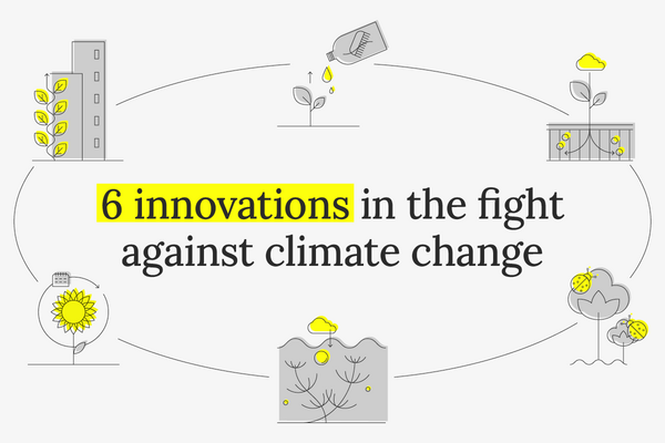 Illustration highlighting six innovations combating climate change with images of plants, buildings, and renewable energy symbols.