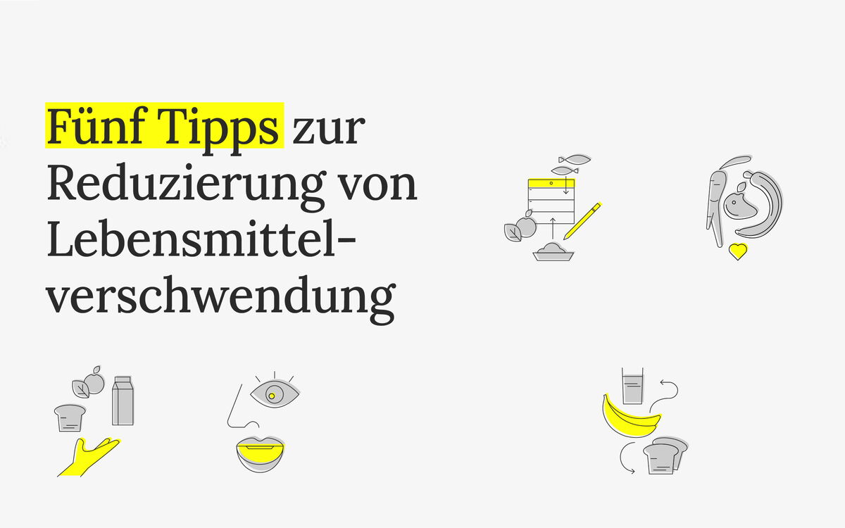 Grafik mit dem Titel "Fünf Tipps zur Reduzierung von Lebensmittelverschwendung" und passenden Symbolen.