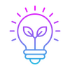 Eine Glühbirne mit einem Pflanzensymbol im Inneren symbolisiert nachhaltige Ideen und Innovation.