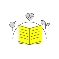 A simple illustration shows three figures collaborating around a large yellow book, emphasizing teamwork and learning.