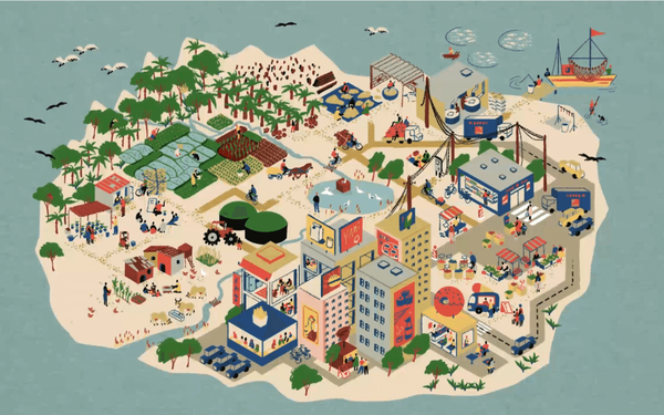 Illustration einer Insel mit landwirtschaftlichen Betrieben und städtischen Gebäuden, die eine Agri-Food-Landschaft darstellt.
