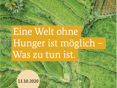 Ein Luftbild von grünen Reisfeldern mit dem Text "Eine Welt ohne Hunger ist möglich – Was zu tun ist" und dem Datum 13.10.2020.