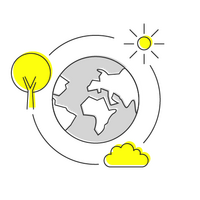 A stylized globe is surrounded by a tree, cloud, and sun, representing global collaborations and environmental themes.