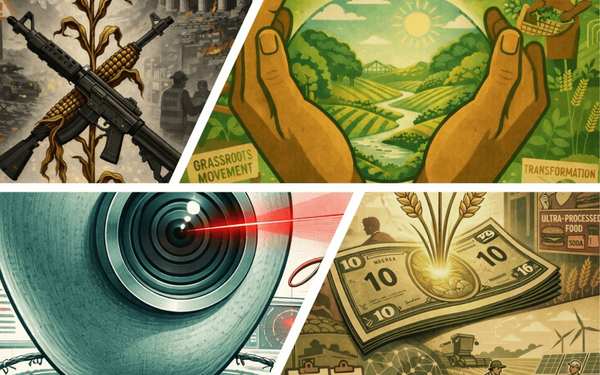 Die Collage zeigt verschiedene symbolische Szenen zu Transformation, landwirtschaftlicher Bewegung und Technologie.