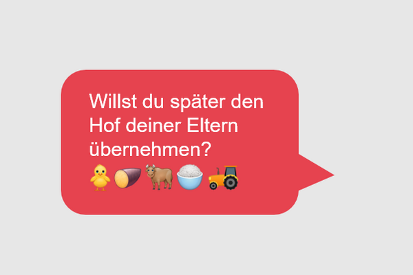 Eine rote Sprechblase fragt, ob man später den Hof der Eltern übernehmen möchte, begleitet von landwirtschaftlichen Emojis.