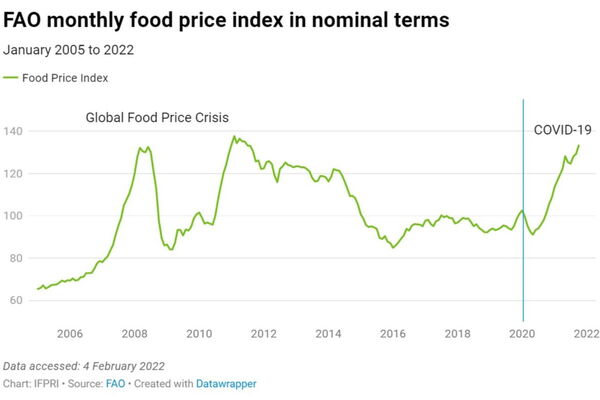 Die Grafik zeigt den Anstieg des FAO-Lebensmittelpreisindex von 2005 bis 2022, mit Krisenpunkten bei der globalen Nahrungspreiskrise und COVID-19.