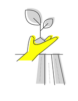 A yellow hand holds a small plant, symbolizing growth and environmental care.