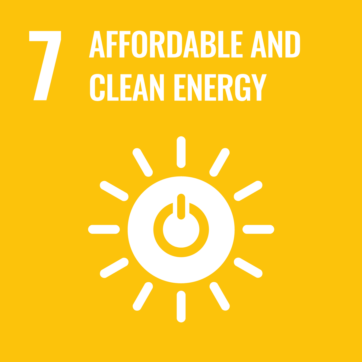Yellow graphic illustrating Goal 7: Affordable and Clean Energy with a sun and power button symbol.