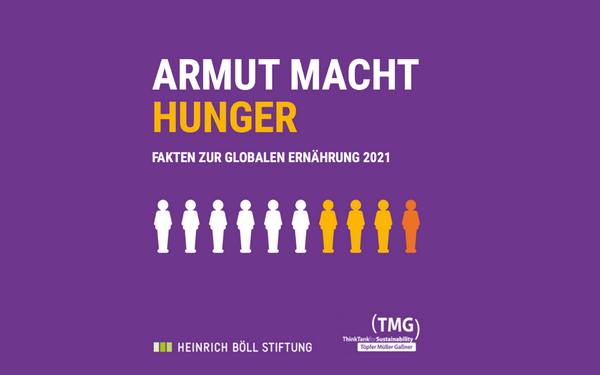 Titelgrafik mit dem Text "Armut Macht Hunger" und einer Reihe von stilisierten Figuren auf lila Hintergrund.