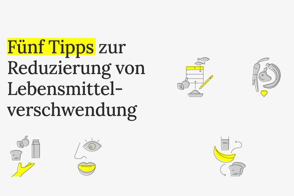 Grafik mit dem Titel "Fünf Tipps zur Reduzierung von Lebensmittelverschwendung" und passenden Symbolen.