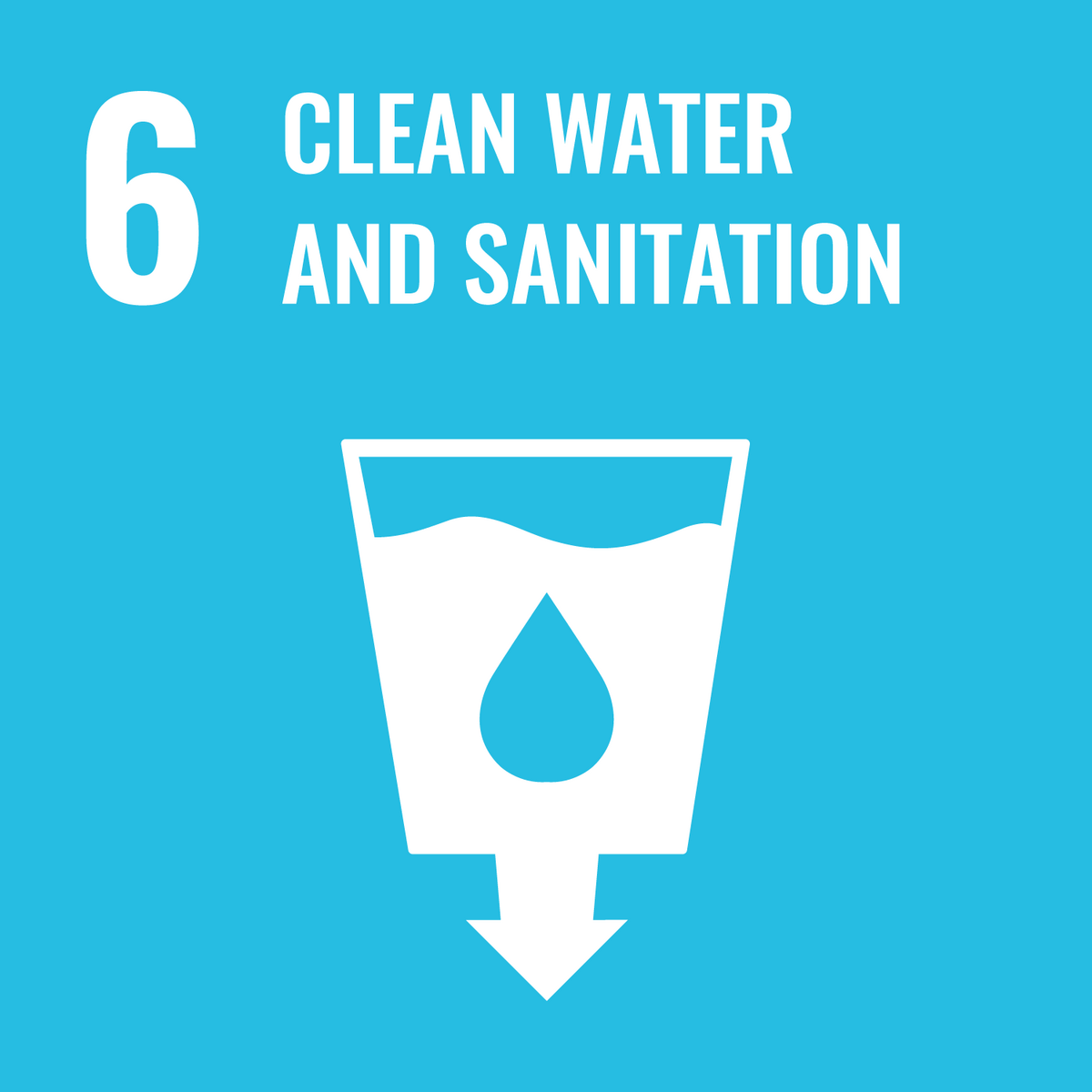 The image shows a symbol for clean water and sanitation with a water drop inside a glass on a blue background.