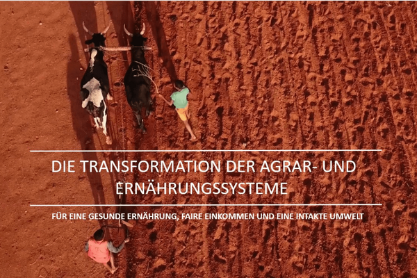 Zwei Personen pflügen ein rotes Feld mit Ochsen, begleitet von Text zur Transformation der Agrar- und Ernährungssysteme.