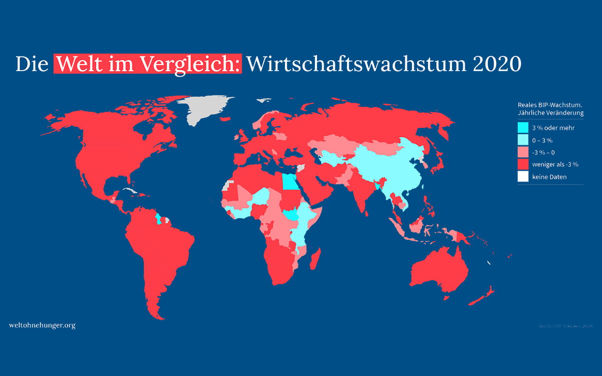 Eine Weltkarte zeigt das Wirtschaftswachstum 2020 mit farblichen Markierungen für verschiedene BIP-Veränderungen.