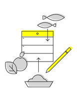 Eine Grafik zeigt eine Checkliste mit Pfeilen, einem Apfel, einem Stift, Fischen und einem Teller, passend zum Thema Foodday.