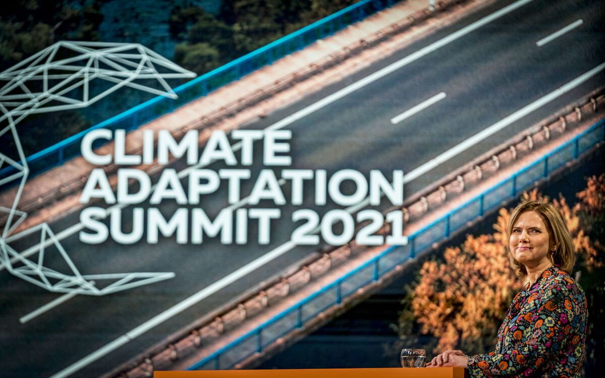 Eine Frau steht vor einem großen Bildschirm mit der Aufschrift "Climate Adaptation Summit 2021" und lächelt in die Kamera.