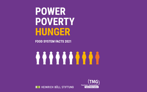 A purple infographic highlights power, poverty, and hunger with figures and text from a 2021 food system report.