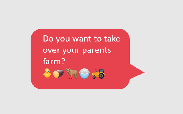 A speech bubble asks about taking over a farm, featuring emojis of a chick, potato, cow, rice bowl, and tractor.