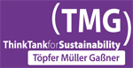Lila Logo mit weißer Schrift zeigt "TMG" und "ThinkTank for Sustainability" sowie "Töpfer Müller Gaßner".