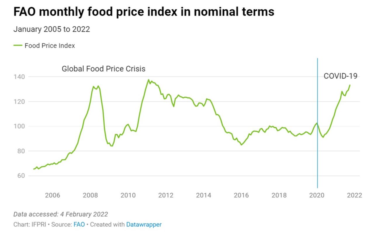 Die Grafik zeigt den Anstieg des FAO-Lebensmittelpreisindex von 2005 bis 2022, mit Krisenpunkten bei der globalen Nahrungspreiskrise und COVID-19.