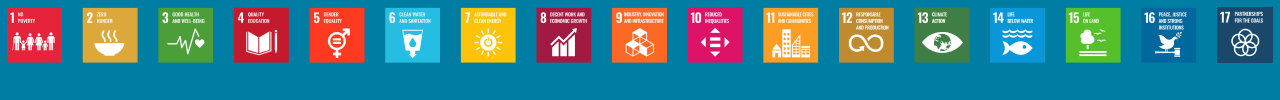 Colorful icons representing the 17 Sustainable Development Goals are aligned in a row on a blue background.