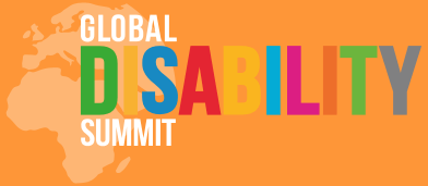 The Global Disability Summit logo features colorful, bold text on an orange background with a world map silhouette.
