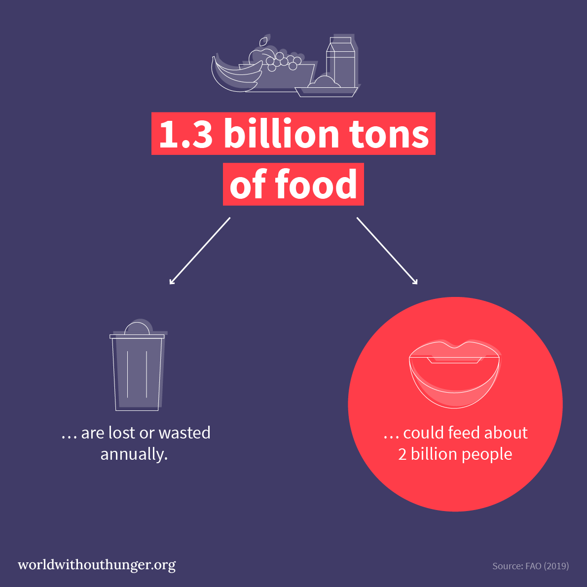 Infographic highlights 1.3 billion tons of food wasted annually, which could feed 2 billion people, from worldwithouthunger.org.