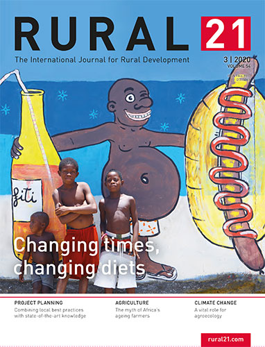 Three children stand in front of a colorful mural on the cover of Rural 21, highlighting changing diets and rural development.