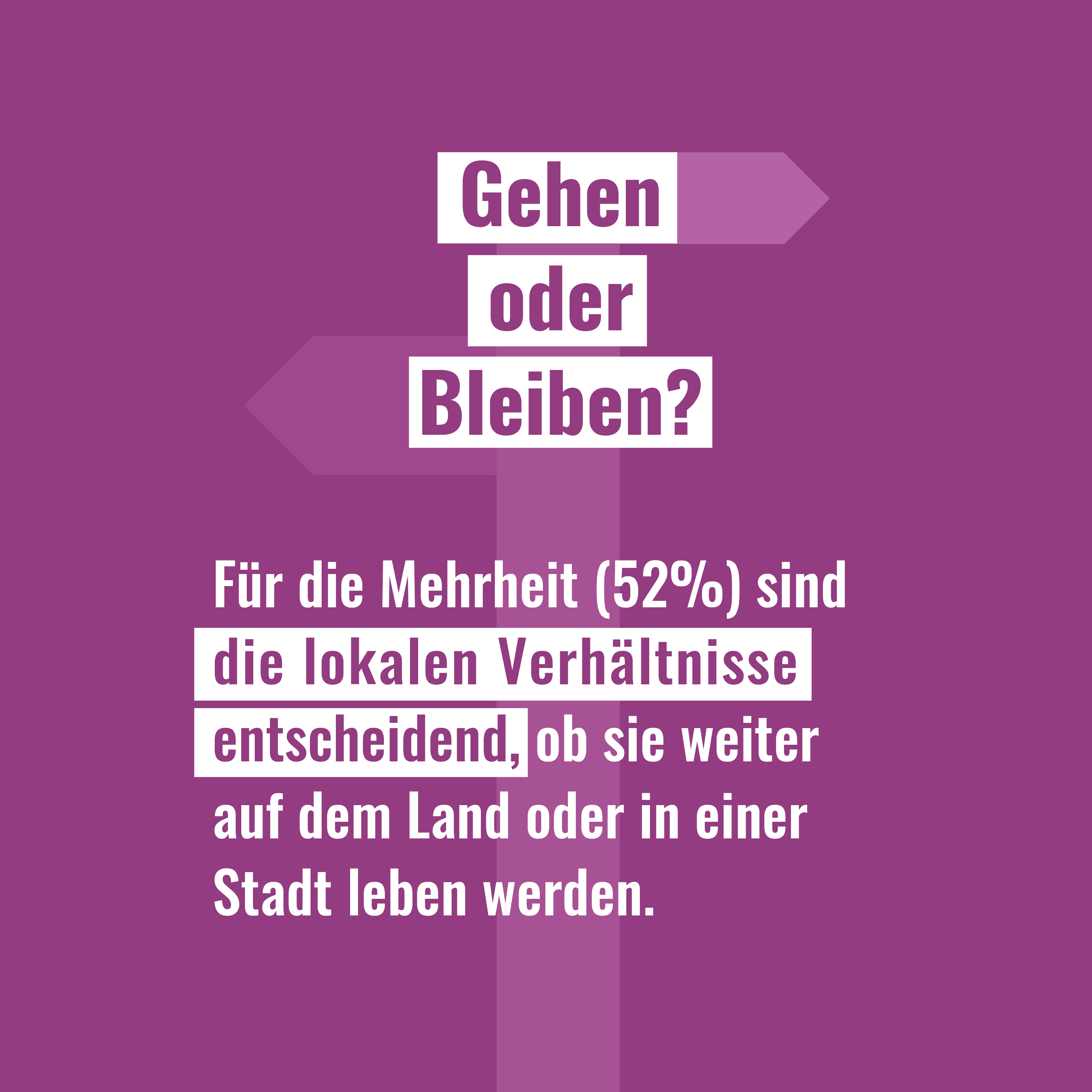Lila Hintergrund mit der Frage "Gehen oder Bleiben?" und Statistik über lokale Verhältnisse als Entscheidungsfaktor.
