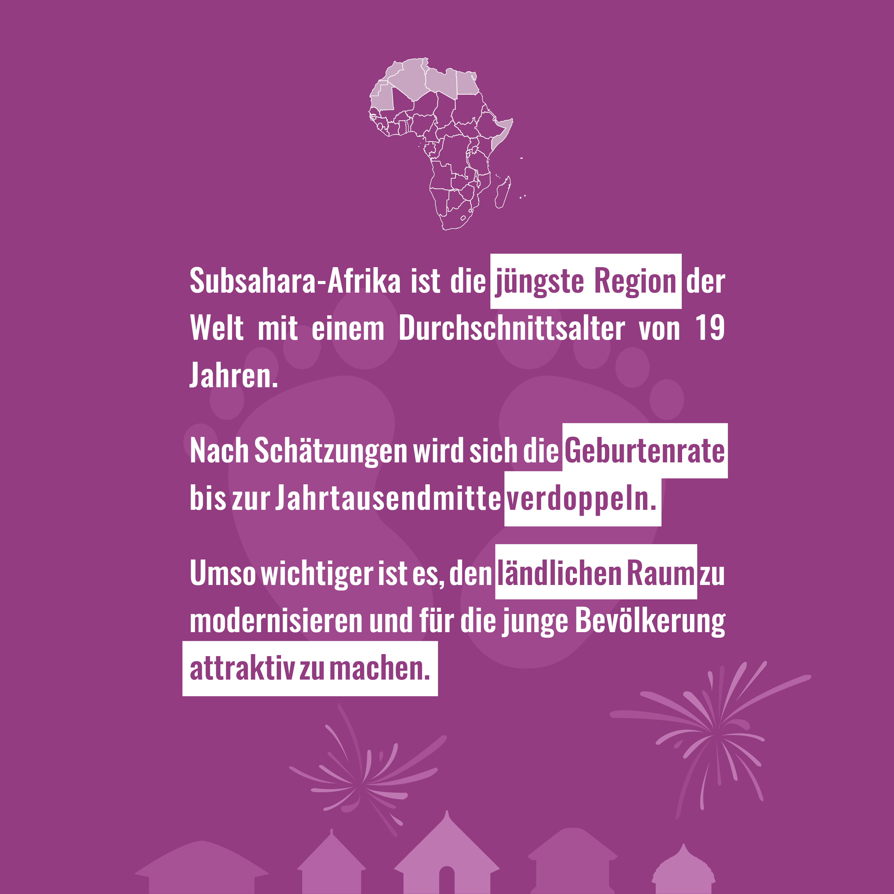 Eine Infografik zeigt auf lila Hintergrund Daten zur Jugend in Subsahara-Afrika mit einer Karte und Feuerwerkssymbolen.