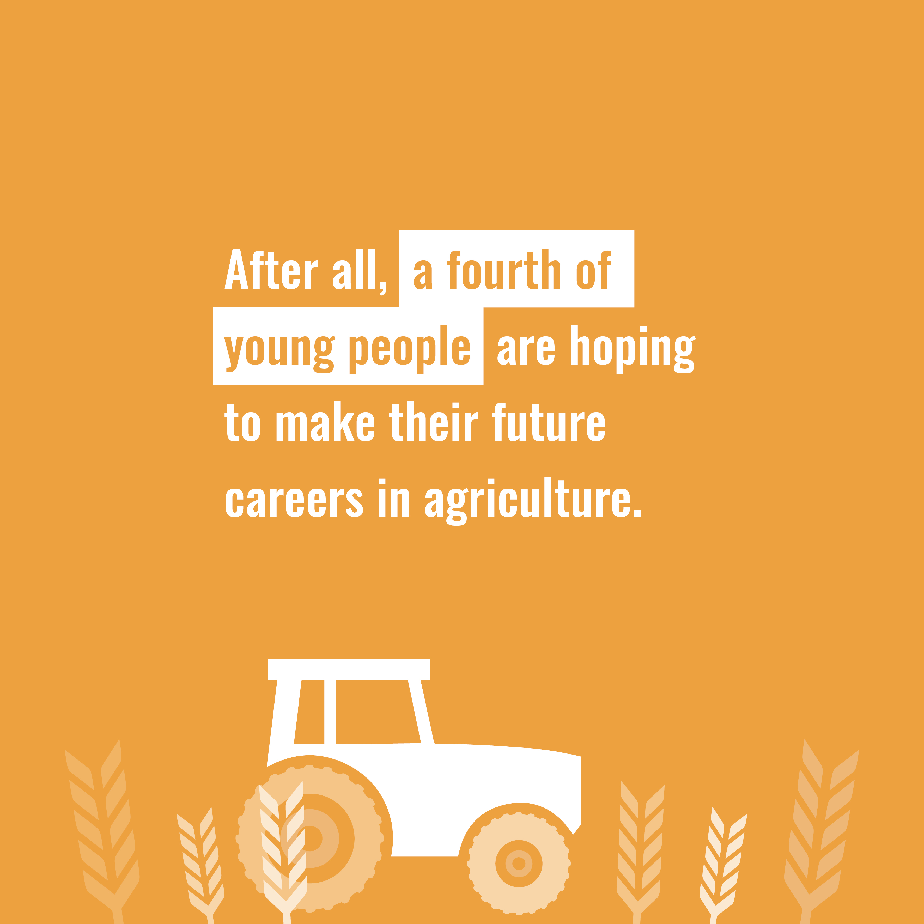 A white tractor and wheat graphic accompany text about a quarter of young people aspiring to careers in agriculture.