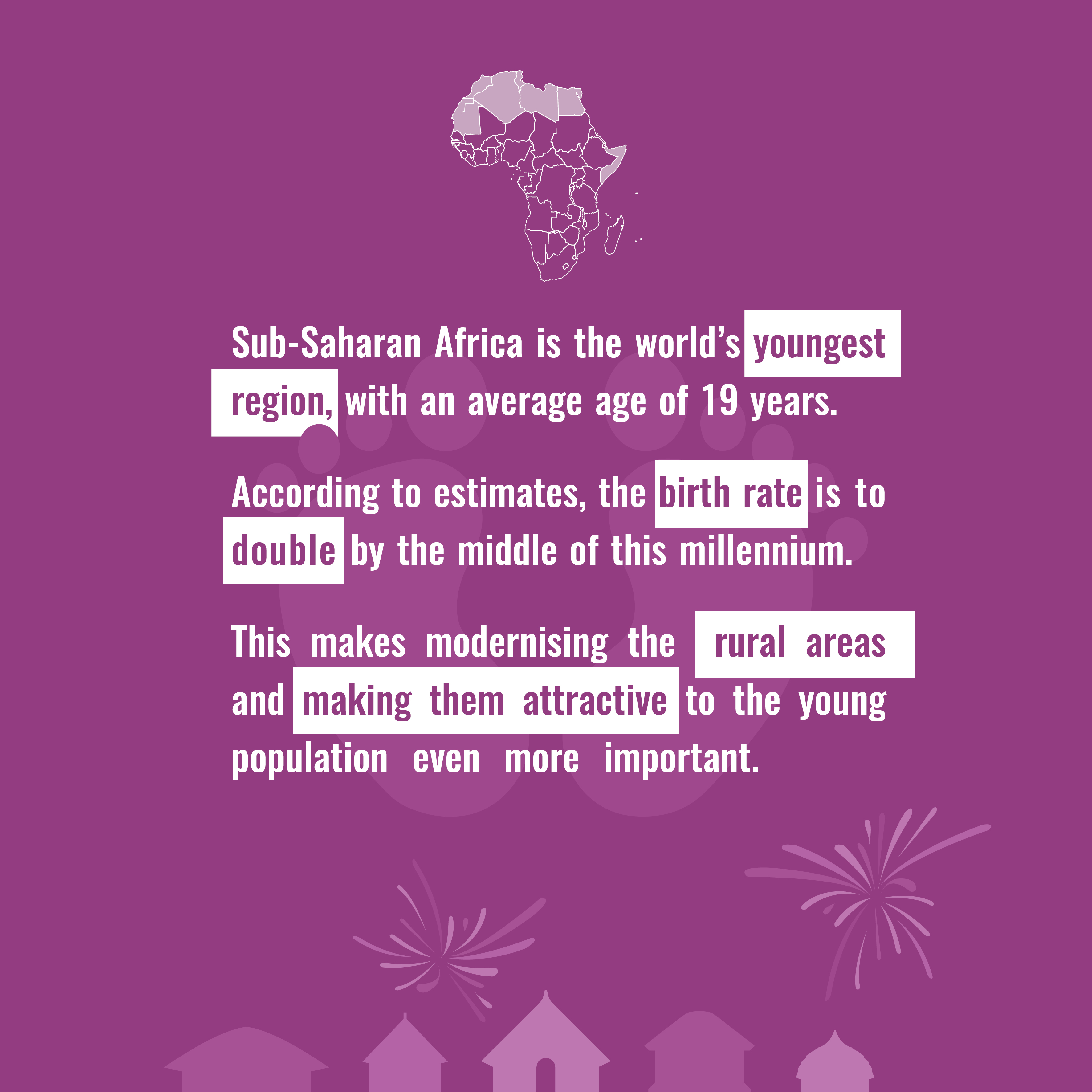The image highlights Sub-Saharan Africa's youthful demographic and the importance of modernizing rural areas.