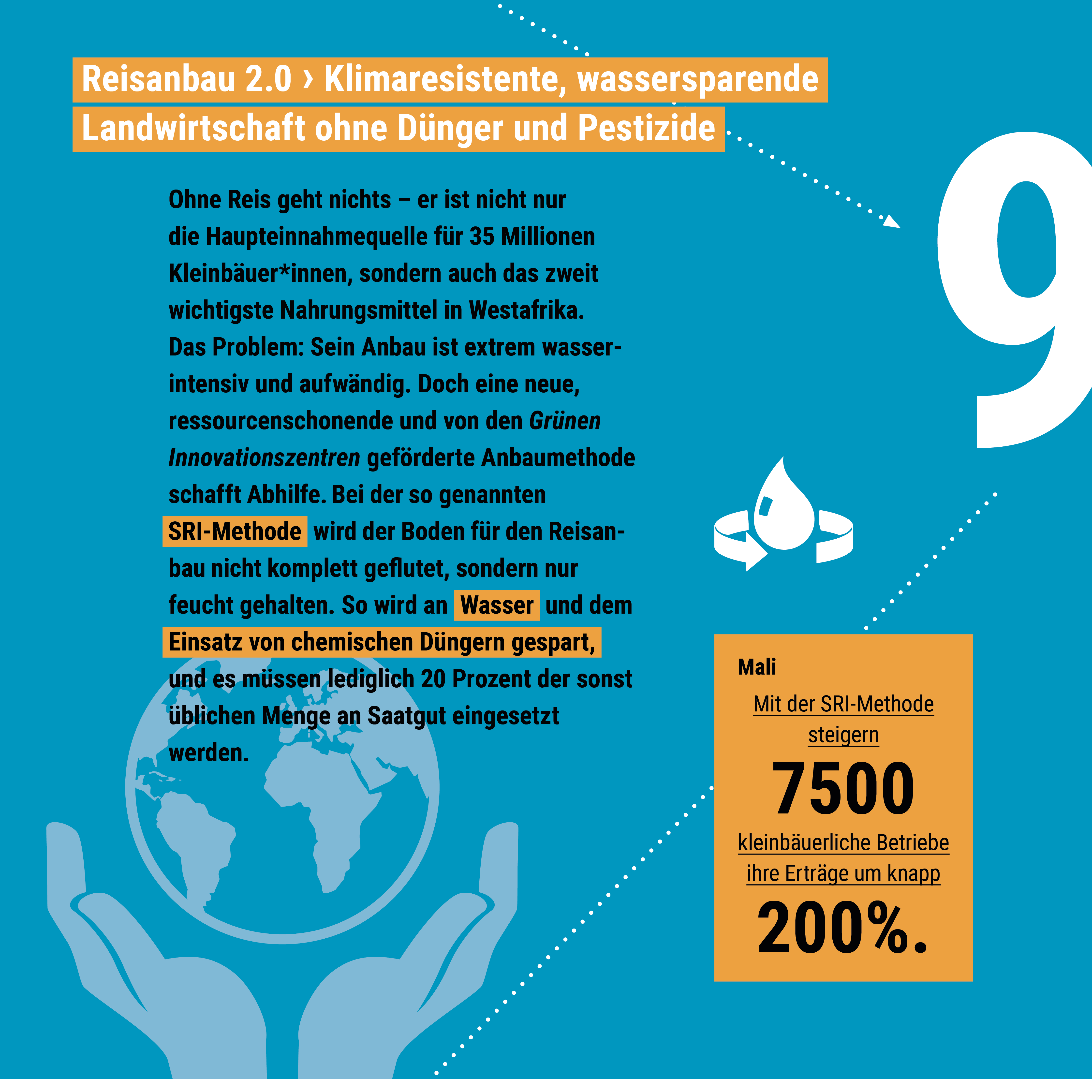 Die Grafik beschreibt eine innovative, ressourcenschonende Reisbaumethode in Mali, die Wasser spart und Erträge um 200% steigert.