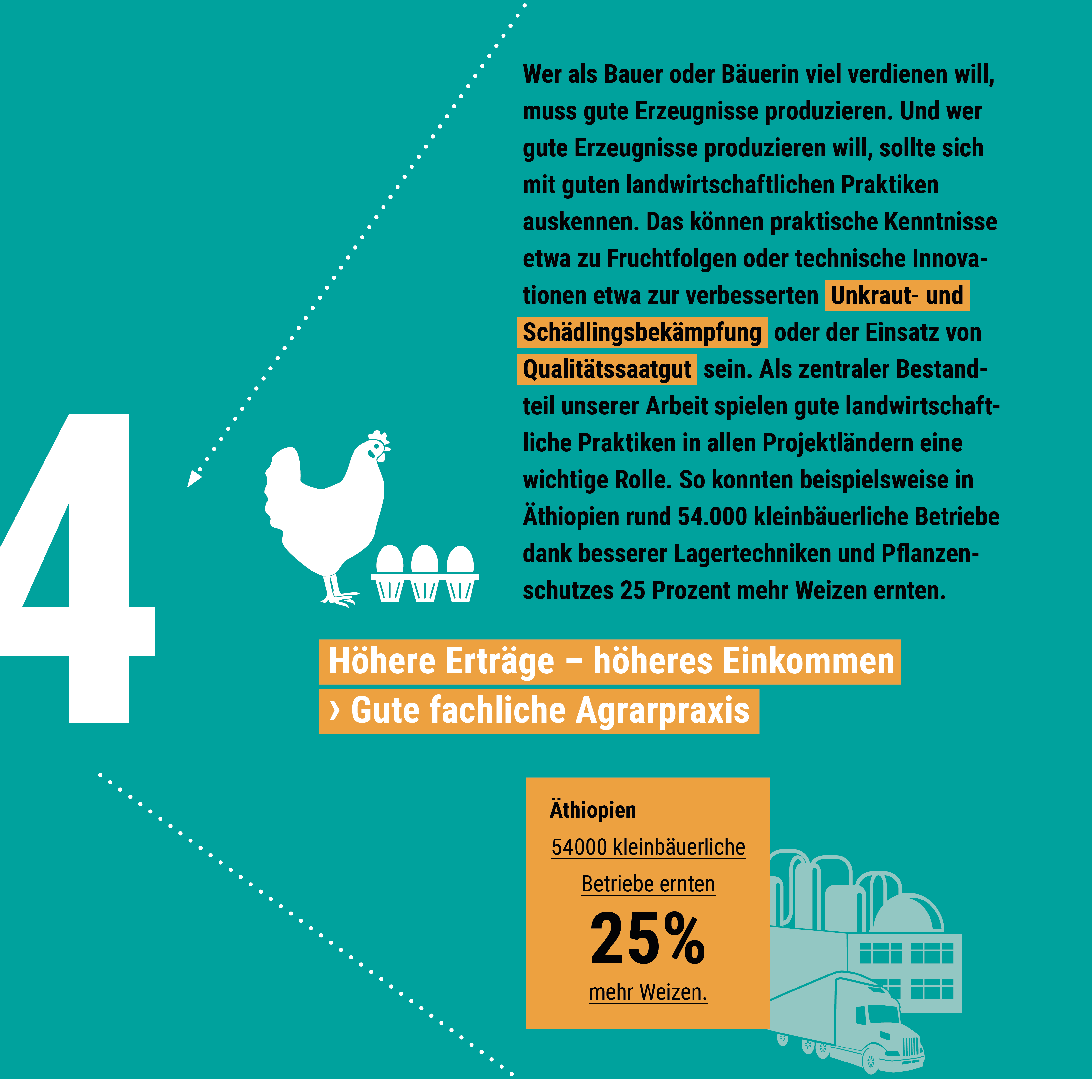 Eine Grafik zeigt landwirtschaftliche Innovationen mit einem Huhn, Eiern und Informationen zu höheren Erträgen in Äthiopien.