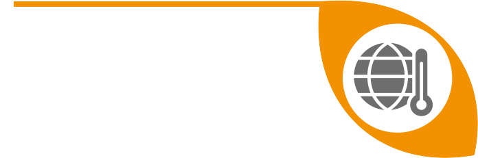 An orange and white graphic features a globe with a thermometer symbol, indicating global temperature awareness.